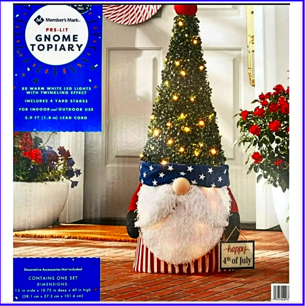 🔥4TH OF JULY PRE-LIT GNOME TOPIARY, NEW IN BOX, IN/OUT DOORS, 4 YARD S